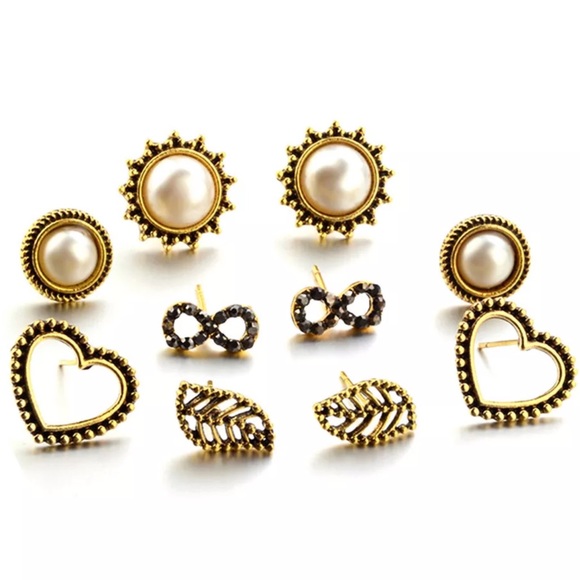 gallery_of_gems Jewelry - ⤵️5pc Set Gold Heart Pearl CZ Stud Earrings!